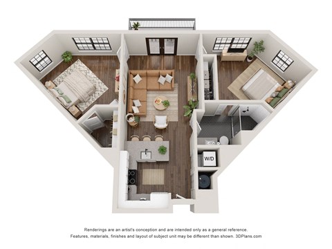 A 3D floor plan of a house with a living room, dining room, kitchen, and bathroom.